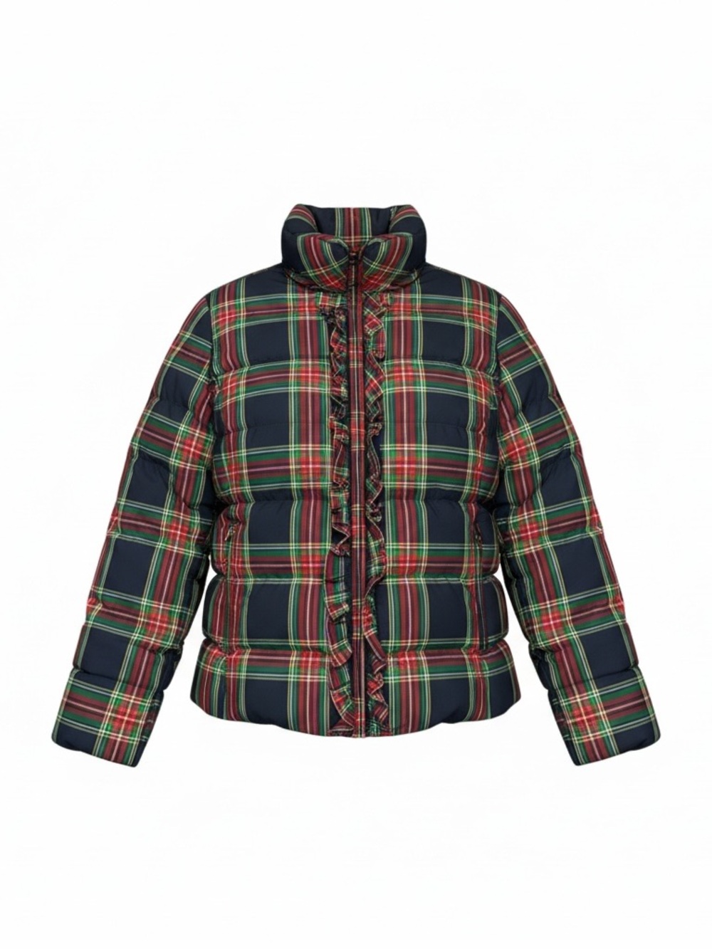 Talbots Petite Tartan Plaid Ruffle Puffer Jacket Navy, Red, Green Academia Xp